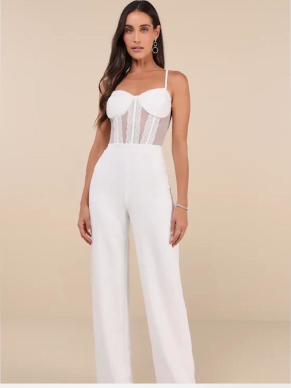 NWT Lulus Perfectly Sultry White Sheer Mesh Bustier Wide-Leg Jumpsuit